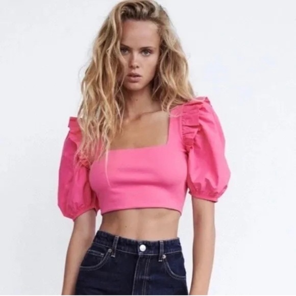 Zara Pink Balloon Ruffle Puff Sleeve Square Neck Rib Cropped Top Size L - Picture 6 of 13